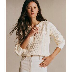Sezane Cream Cable-Knit Scoop Button Sweater